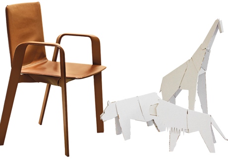 Кожаный стул французского архитектора Дени Монтель для Hermès;  Картонные животные испанского дизайнера Марти Гише из коллекции My Zoo могут жить в квартире — они чуть меньше человеческого роста.
